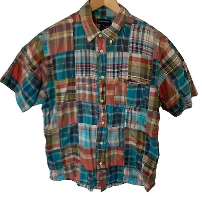 Lands End Patchwork Shirt Mens Large Madras Plaid Multicolor Button Down • $19.16