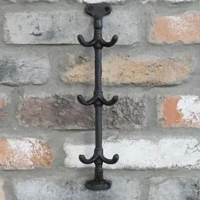 Rustic Coat Rack Cast Iron Wall Mounted 3 Pair Of Hooks Industrial Vintage • £11.99