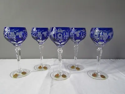 Nachtmann Traube Lot Of 5 Cobalt Blue Cut To Clear Crystal Wine Glasses 7  NIB  • $395