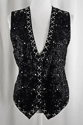 Theo Womens Vintage Vest Black Buttons Sequins Pearl Beads Cotton Rayon Medium • $17.99