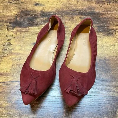 J Crew Factory Shoes Womens 6 Red Lottie Flats Pointed Tassel Suede Leather New • $33.74