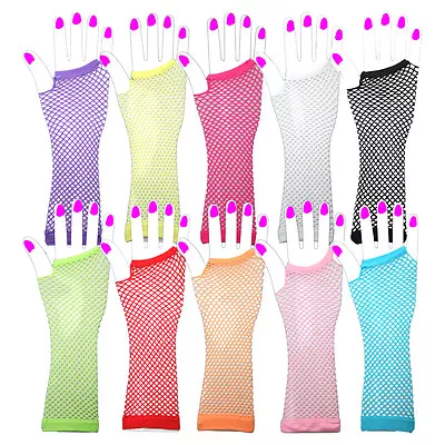 £3.95 • Buy Long Fingerless Fishnet Gloves Neon 80's Hen Night Dance Rave Tutu Fancy Dress 