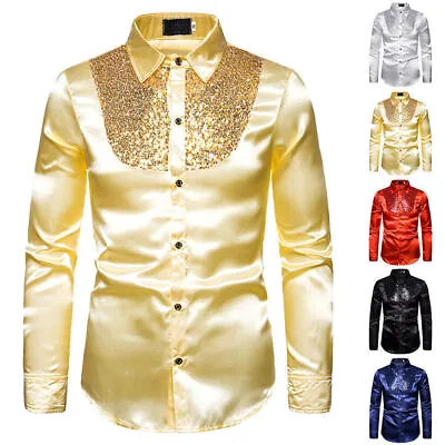Mens Sequin Glitter Shirt Top Party Dance Show Costume Long Sleeve Dress Shirts • £16.29