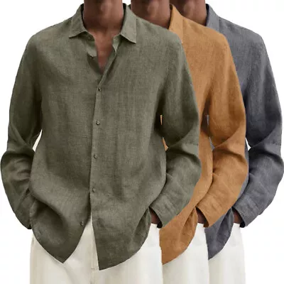 Men's Long Sleeve Cotton Linen Shirt Casual Baggy Plain Button-down Blouse Tops • $14.28