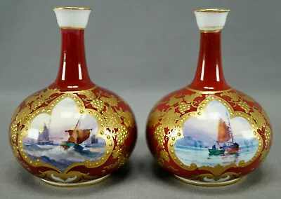 Pair Of Royal Crown Derby Signed WD Boat Scene Beaded Gold & Red Miniature Vases • $495