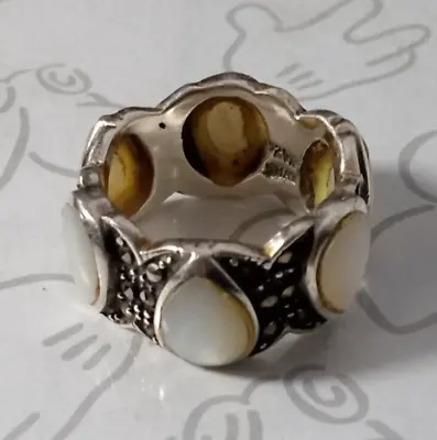Marcasite Mother Of Pearl Tear Drops Abalone Ring Sterling Silver Band Size 5.5 • $34.99