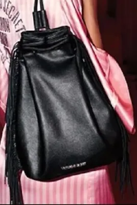 Victoria Secret Fringed Black Faux Leather Drawstring Backpack New • $14