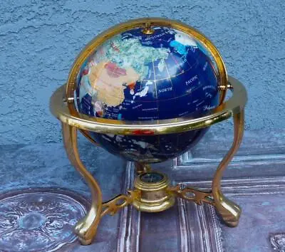 Lapis Gemstone 16  T World Globe Inlaid Semi Precious Stones Compass Brass Stand • $69.98