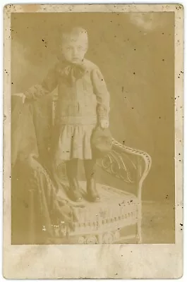 Circa 1870'S Cabinet Card Adorable Child Standing On Chair In Studio Holding Hat • $9.99