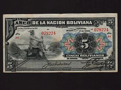 Bolivia:P-106 5 Bolivianos 1911 * Banco De La Nacion Boliviana * VF * • $369
