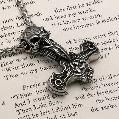 Viking Mjolnir Thor's Hammer Raven Skull Stainless Steel Pendant Necklace • $22.49