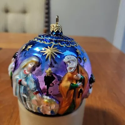 Vintage Lg Round Kurt Adler Blown Glass 3D Nativity Ball Ornament Blue/Glitter • $19