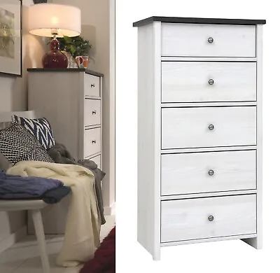 Tallboy Storage Drawers Tall Slim 5 Drawer White Washed Shabby Chic Scandi Porto • £209.95