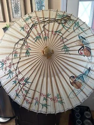 Vintage Pair Of  Japanese Umbrella Parasols Lacquered Rice Paper  Hand Painted • $79