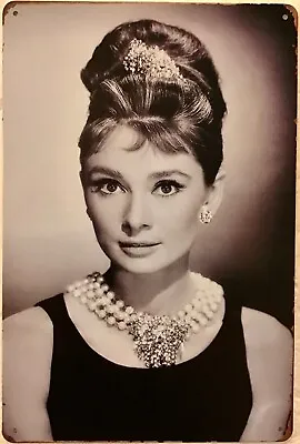 $9.99 • Buy TIN SIGN 8x12 Audrey Hepburn Famous Hollywood Movie Actress Pearl Necklace B3