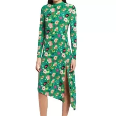 Topshop Women's Long Sleeve Asymmetric Hem Green Floral Tie Neck Midi Dress Sz 6 • $36