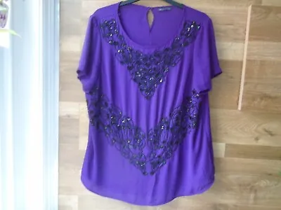 Marks & Spencer S/s Purple Top Black Beads Sequins Size 18 • £7.99