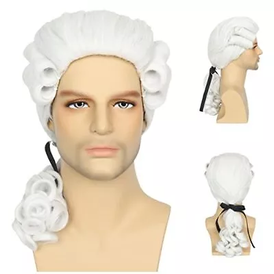 Colonial Wig Powdered Wig Men Historical Costume Wig White Judge Wig 18th • $27.03