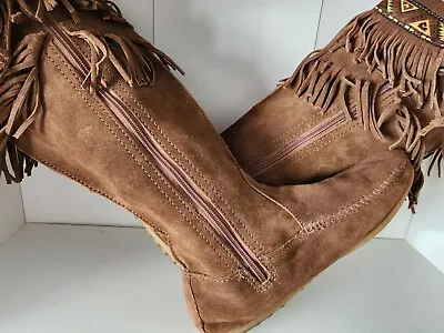 Minne Tonka Women's Boots Color Brown Zipper Fringe Size 8 • $38