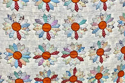 VINTAGE Hand Pieced & Quilted DRESDEN FLOWER Quilt GREAT VINTAGE FABRICS! • $54.99
