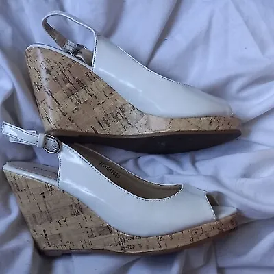 Quiz Sling Back White Patent Wedged Shoes Peeptoe Size 4 • £18.60