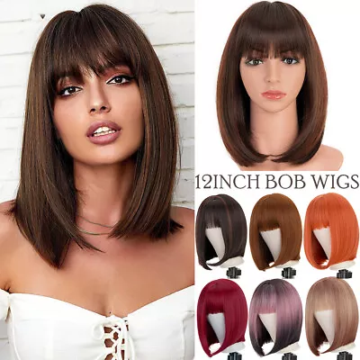 Womens Natural Short Straight Ladies Ombre Hair Wigs Brown Bob Cosplay Wig UK • £25.90