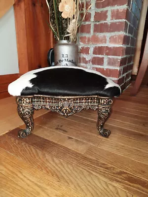 Vintage Cast Wrought Iron Cowhide Footstool Ottoman 15  Square  8  High • $245