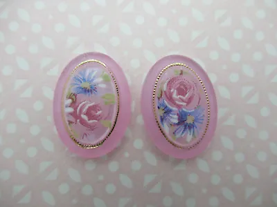 Vintage Cameos 18X13mm Floral Oval Cabochons Rose Matte Pink Crystal German 2pcs • $5.62