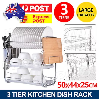 3 Tier Dish Drying Rack Drainer Cup Plate Holder Cutlery Tray Kitchen Organizer • $26.95