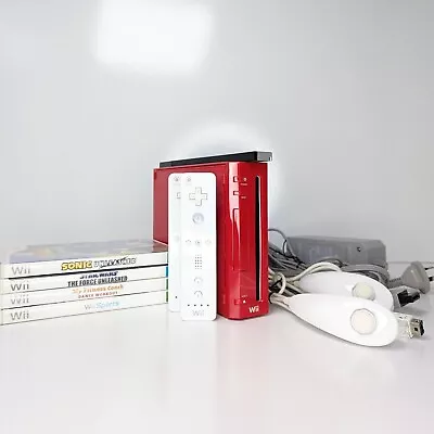 Nintendo Wii Red Edition Bundle 2xControllers 2xNunchucks 4xGames & Sensor Bar • $159.95