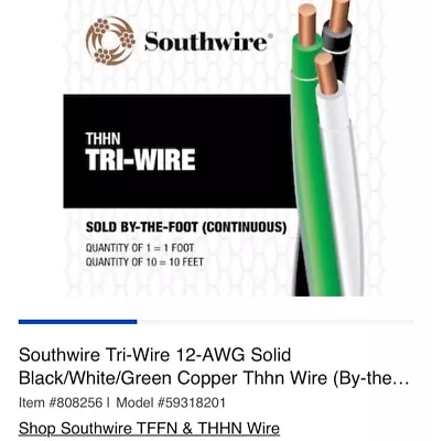 SOUTHWIRE 58389703 Wire12AWGTHHNSldBlk Grn Wht 50ft.  • $30