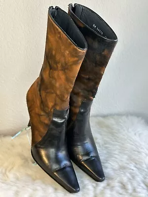 Authentic Stuart Weitzman Boots Mid-Calf Leather Pony Hair Black Brown Size 6.5 • $82.20