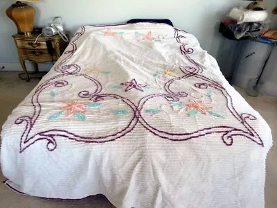 Vintage Floral Pastel Colors On White Chenille Bedspread • $45