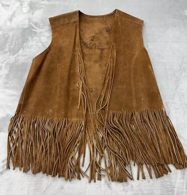 70s Vtg Pioneer Wear Genuine Leather Vest Albuquerque USA Large Fringe Boho • $79.99