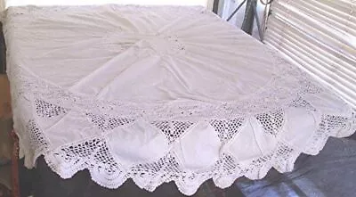 VTG WHITE OVAL TABLECLOTH FLORAL CROCHET LACE INSERTS 61  X 64  • $17.95