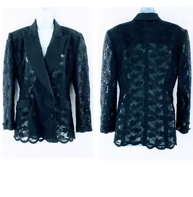 Womens Lace Blazer Black Sheer Double Breasted Dark Floral Satin Collar Sz 4 • £33.25
