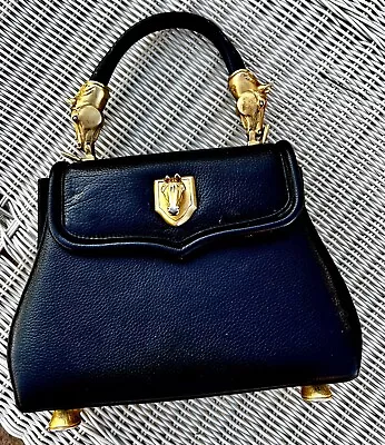 Vtg Vicenza Top Handle Purse Handbag Black Leather Gold Horses Equestrian • $600