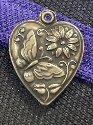 Vtg Antique Sterling Silver Puffy Heart Charm BUBBA BUTTERFLY Flower ART NOUVEAU • $15