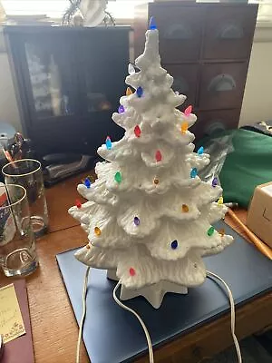 Vintage ~15” Ceramic Christmas Tree With Lights. White With Frosted Tips • $37