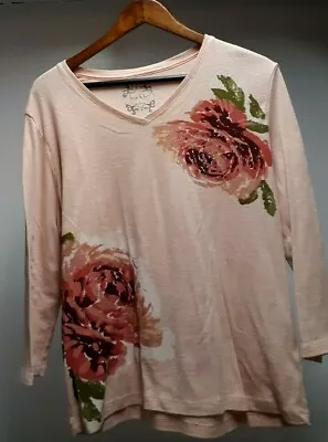 NICOLE MILLER Pink ROSE Women Size Large L Long Sleeve Tee V-Neck  Top INDIA • $10