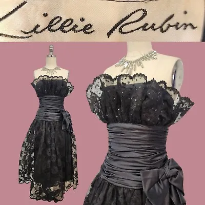 Vtg 80s Prom Dress Lillie Rubin Black Lace Bow Ruffle Corset Fitted Strapless XS • $89.99