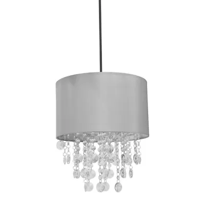 Grey Fabric Lampshade Light Easy Fit Pendant Shade Acrylic Jewel Bead Droplets • £21.99