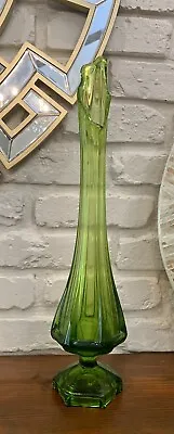 Vintage Viking Glass Ribbed Swung Vase 18” Tall & 5.5” At Base Avocado Green • $224