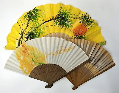 $20.99 • Buy Vintage Hand Fans Lot Of 3 Yellow Cloth Sandalwood Nature Scenes Thailand