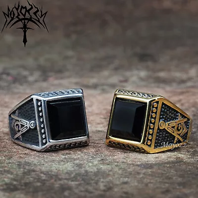 £11.99 • Buy Mens Freemason Black Onyx Stone Masonic Ring Stainless Steel Size 7-15 Gift
