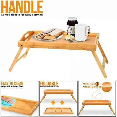 Bamboo Lap Wooden Tray Bed Table Tray With Handles Folding Leg Serving Breakfast • £11.99