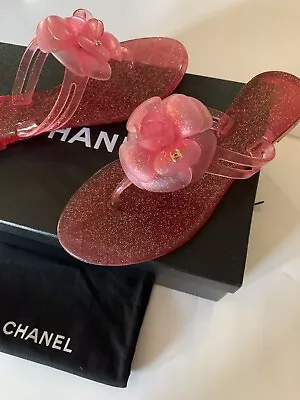 CHANEL Size 37 Glitter Thongs- Jelly - Flip Flops In Box Dustbag Italy Excellent • £265.03