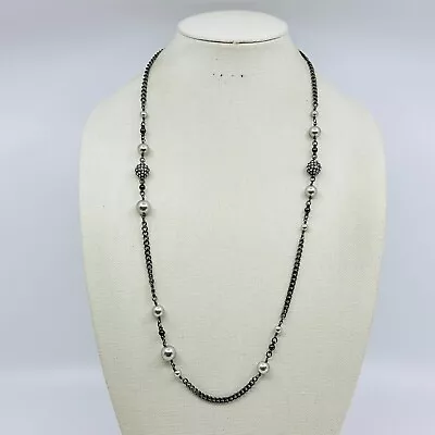 J. Crew Necklace Faux Pearl Stations Pave Rhinestone Gray Chain Costume Jewelry • $24.95