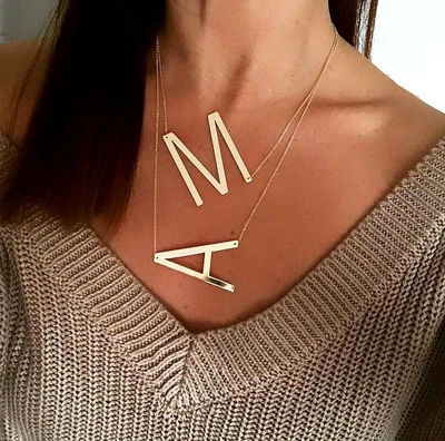 £3.99 • Buy Large Letters Name Necklace Gold Sideways Pendant A-Z Letters Alphabet