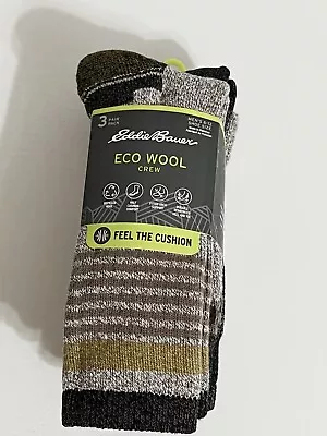 Eddie Bauer Socks Wool Eco Blend Crew 3 Pair Half Cushion Arch Support Size 6-12 • $19.99